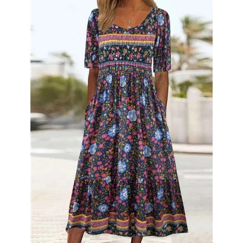 European And American New Women's Casual Round Neck Pullover Short Sleeved Printed Pleated Waist Cinching Long Skirt Dress Fashionable Quality Cl