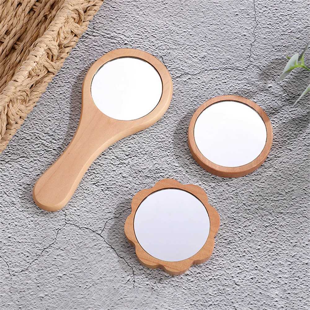Wooden Hand Mirror Vintage Portable Round Cosmetic Mirror Compact Makeup Vanity Hand Held Mirror Women Travel MirrorsXJ241213