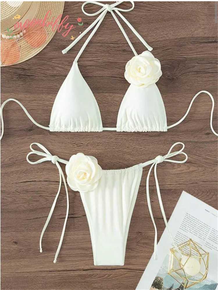 Sexy Bikini Set Women Swimsuit Black White 3D Floral Print Micro Bikinis Brazilian Cutout Beach Bathing Suit Thong SwimwearXJ241212