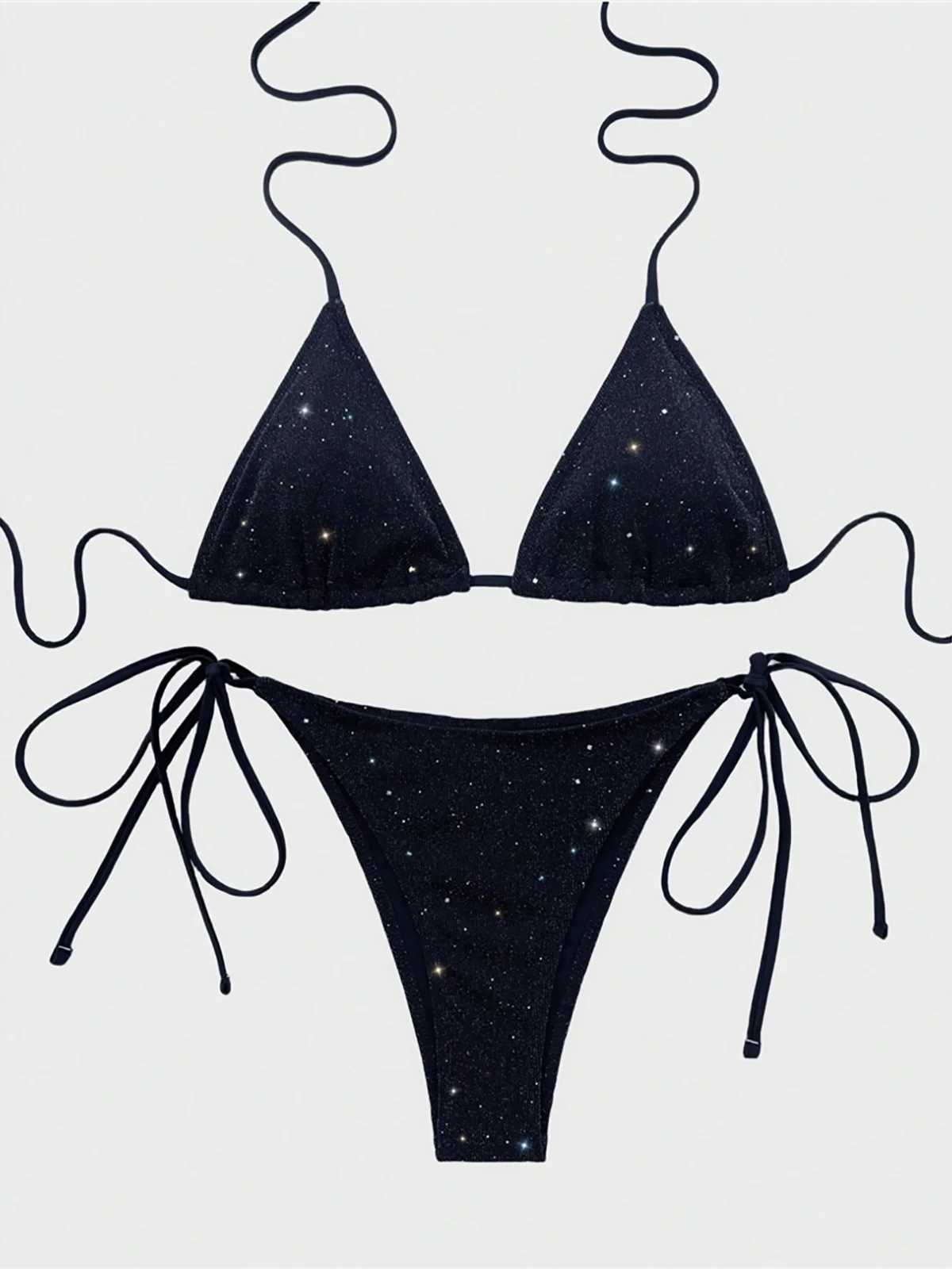 Glitter Sparkling Halter High g Cut Bikini Fa Swimsuit Women Swimwear Two-pieces Bikini set Bather Bathing Suit Swim K5501XJ241212