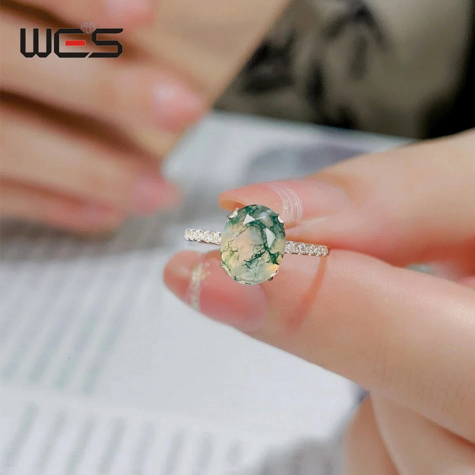 WES 925 Sterling Silver Natural Unique Green Moss Agate Ring for Woman Waterdrop Jewelry Wedding Gift Box Engagement Wholesale 241213