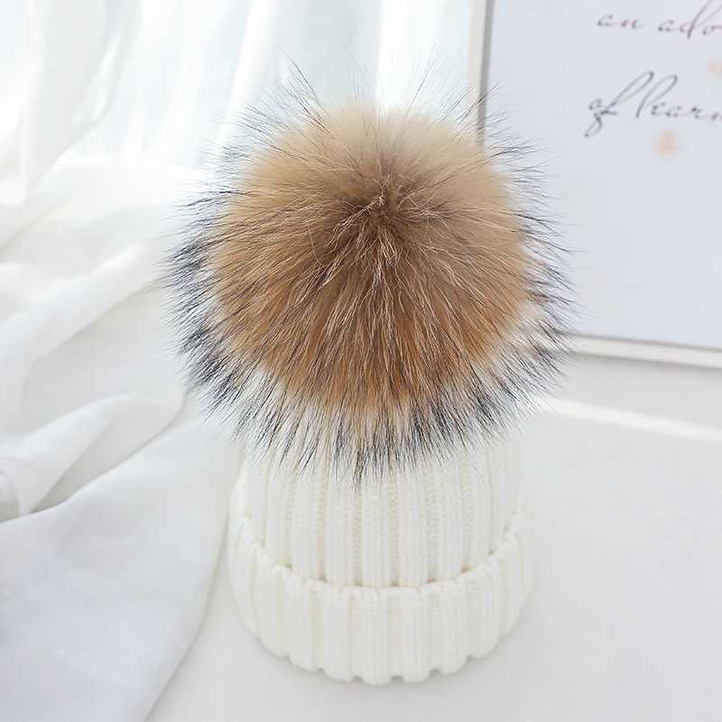 2021 Real Raccoon Fur Pompon Winter Hat Skullies Girl Pom Beanie Warm Knitted Bobble Fur Pompom Hat and Scarf Set ChildrenXJ241213