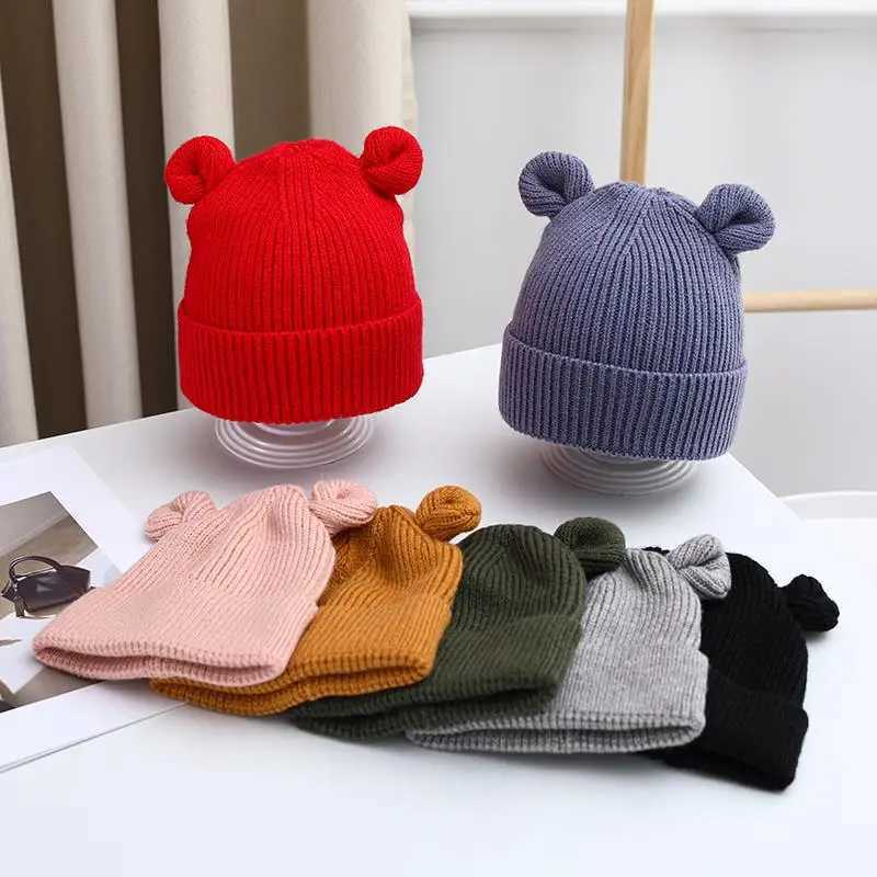 Ear Baby Hat Winter Solid Color Warm Knitted Hats for Kids Boy Girl Cute Bear Infant Toddler Beanies Cap Bonnet XJ241213