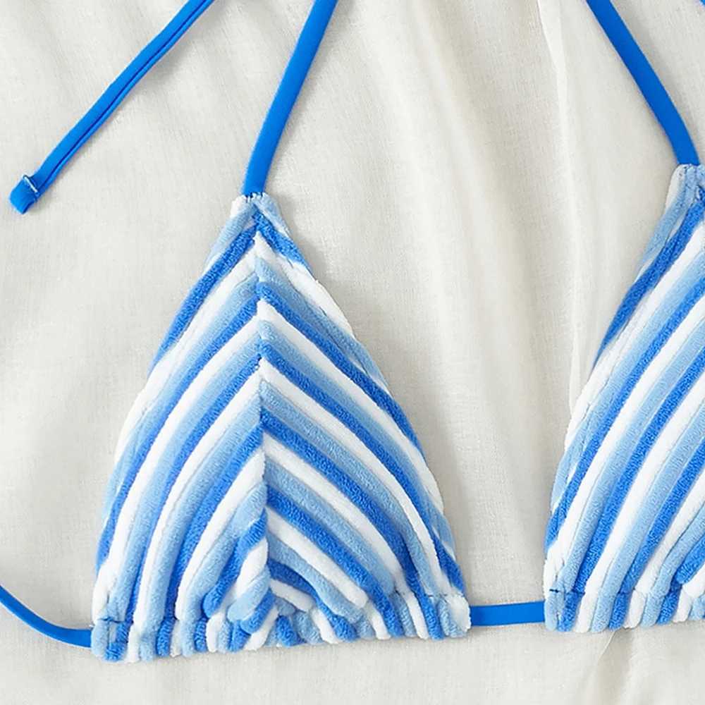 9 Colors New Towel Cloth Halter Neck Tie Up Striped Bikini Swimsuit For Women Summer Beach Vacation Low Waisted Swimwear 2024XJ241212