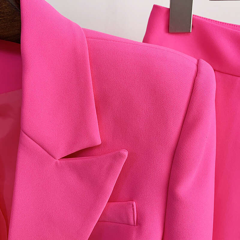 Ladies' Suit HIGH QUALITY New S/S Designer Runway Set Women Single Button Slim Fit Blazer Suit Flare Pants Two Pieces Set Hot Pink