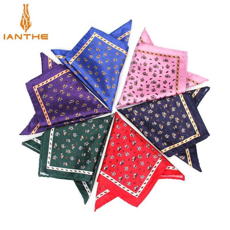 Mens Handle Head Retro Animal Printed Pocket Square Polyester Silk Soft Hanki Wedding Party Business Chest Towel Hanki W241213