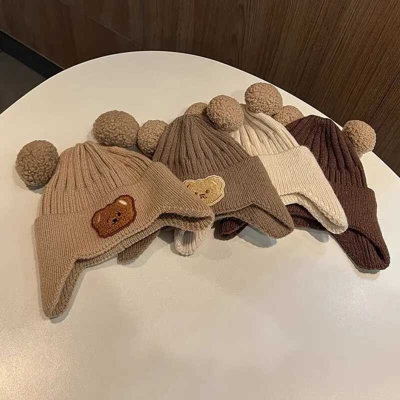 Cute Bear Beanie Caps Baby Girls Winter Warm Knitted Ear Protection Earmuffs Bonnet Hat Kids Pompom Bonnet HatsXJ241213