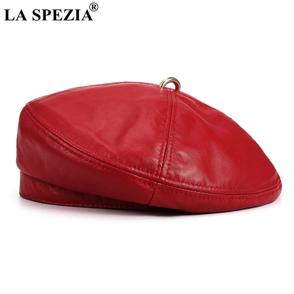LA SPEZIA Women Beret Hat Vintage Red Womens Hats Genuine Leather Sheepskin Solid Red Blue White Black Autumn Winter Hat 241213