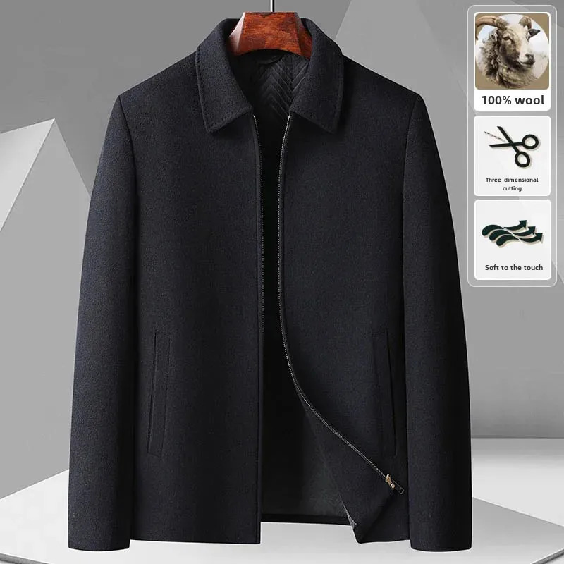 Autumn Winter Mens 100% Wool Jacket Business Casual Overcoat Mid Age Lapel Cropped Men 241213