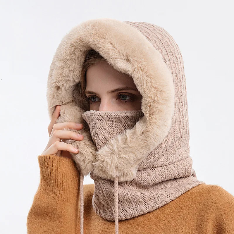 Russian style winter fur hat mask set womens knitted warm outdoor skiing windproof thick plush fluffy beanie hat 241205