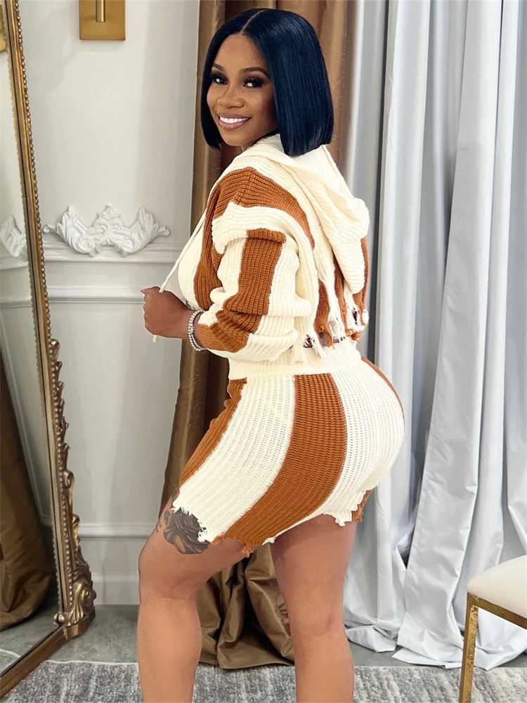 Women's Two Piece Pants WLWXR Winter Striped Ripped Knit 2 Piece Set Casual Outfits For Women 2024 Hooded Tassel Cropped Cardigan+Shorts Matching