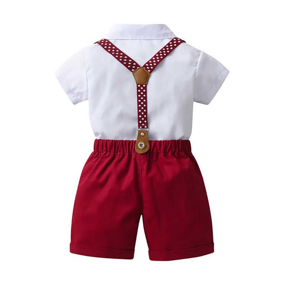 Childrens mens formal shirt bow with red pendant short sleeved party performance set childrens summer gentleman set W241213