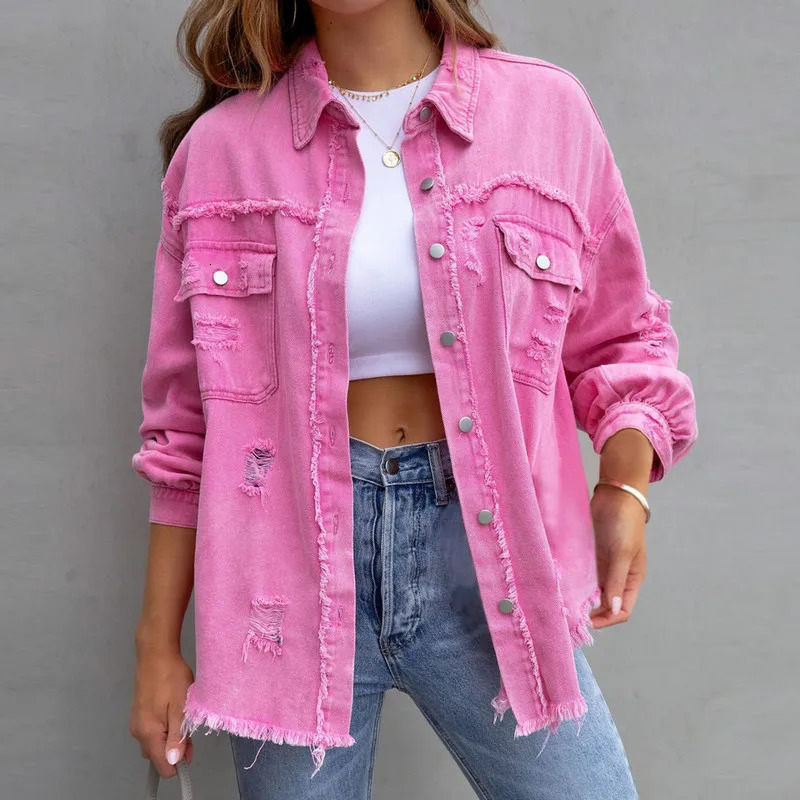 Womens torn Distressed denim jacket spring and autumn clothing long sleeved buttons boyfriend Jean Coat truck 241211