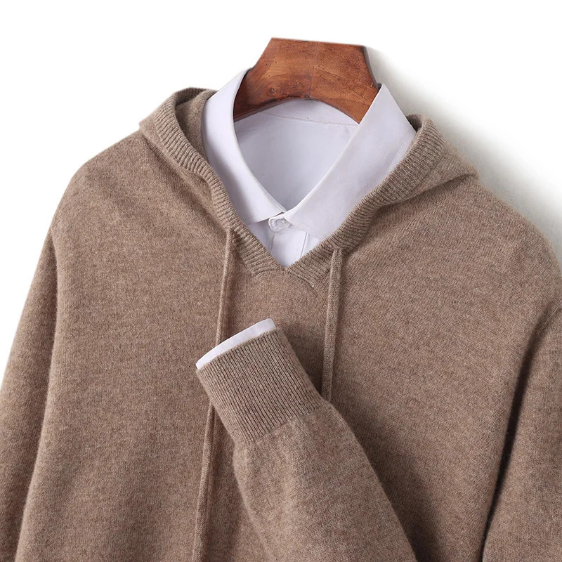 DjzDsm Autumn Winter Merino Sweater Mens 100% Wool Hooded Collar Knitted Pullover Casual long Sleeved Hoodie 241213
