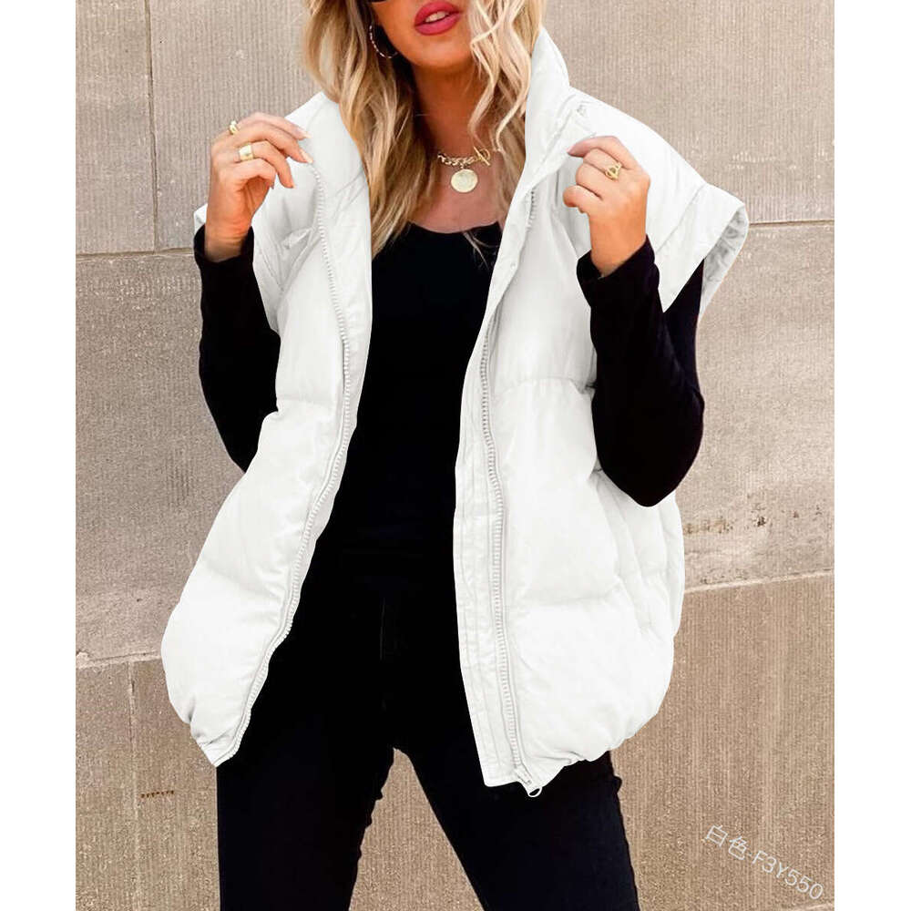 European And American Women's New Solid Color Zipper Pocket Stand Up Collar Cotton Coat Vest Commuting Jacket Fashionable Quality Classic