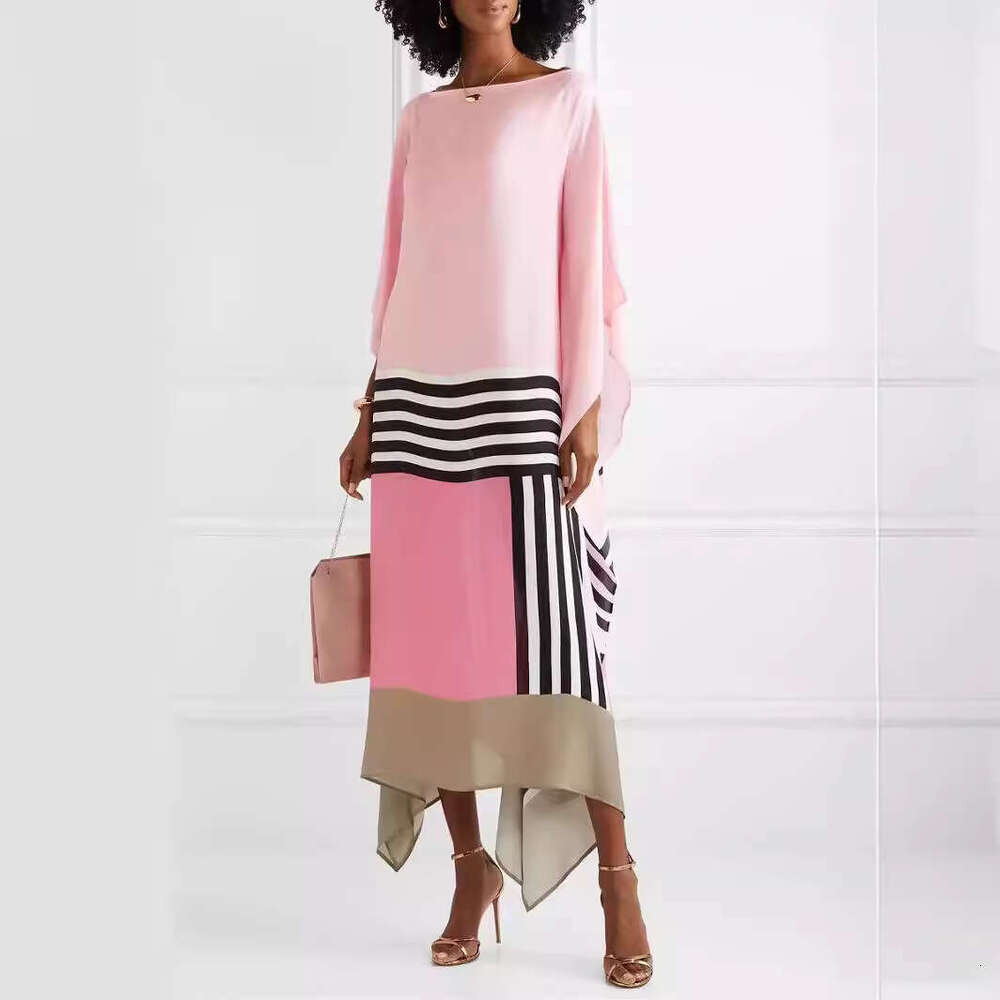 European American New Summer Autumn Women's Comfortable And Fashionable Solid Color Printed Casual Slanted Shoulder Long Dress