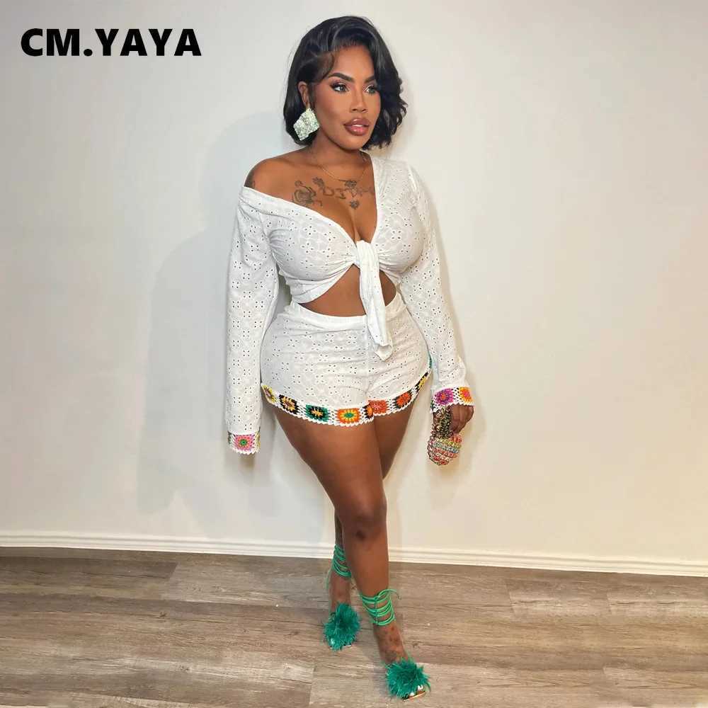 Women's Two Piece Pants CM.YAYA Knitted Hollow Out Womens Set Full Slve V-neck Tops and Shorts Suits 2024 Autumn Casual Party Two 2 Piece Set Out