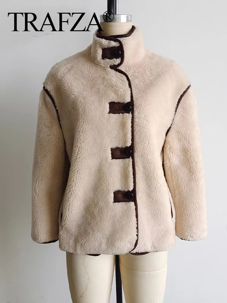 TRAFZA 2024 Winter Female Beige Casual Thick Faux Fur Coat Fashion Woman With Buttons Long Sleeve Fleece Jacket Outerwear 241212