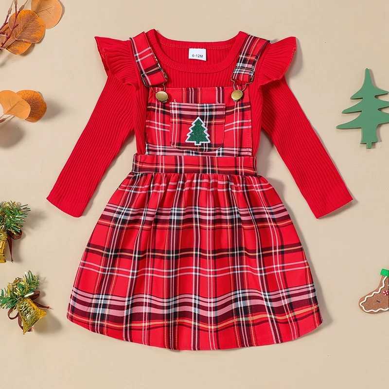 Children and Girls 2-piece Christmas Set Long Sleeve Crew Collar T-shirt Plain A-line Full Set Christmas Costume W241213