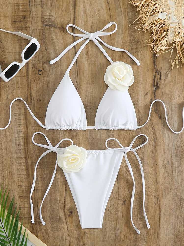 OIINAA Swimsuit Women Sexy 3D Rose Flower Bikini Set Solid Halter Swimwear Drawstring Lace Up Biquinis Two-pieces Bathing SuitXJ241212