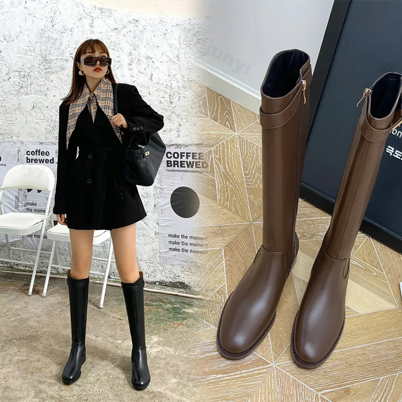 Retro Warm Plush Womens Knee High Boots Fashion Buckle Shoes Autumn Winter Low Boots Womens Knight Long Boots 241213