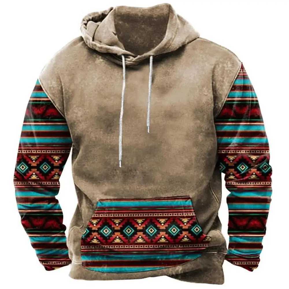Retro tribal style mens hooded sweater spring and autumn new styles loose floral casual jacket streetwear fashionable oversized top W241213