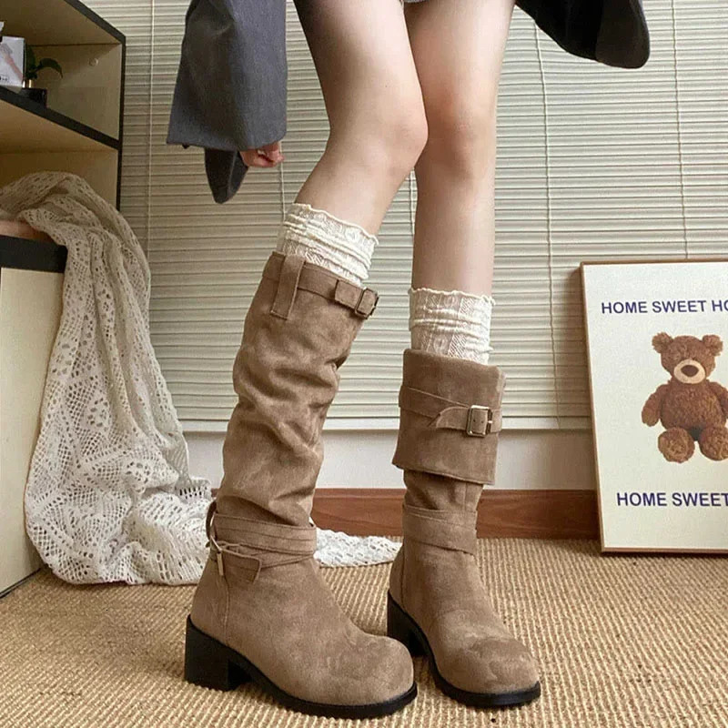 Platform Thick High Heels Womens Western Cowboy Boots Fashion Sliding on Folding Pile Long Boots Womens Shoes Autumn/Winter 241213