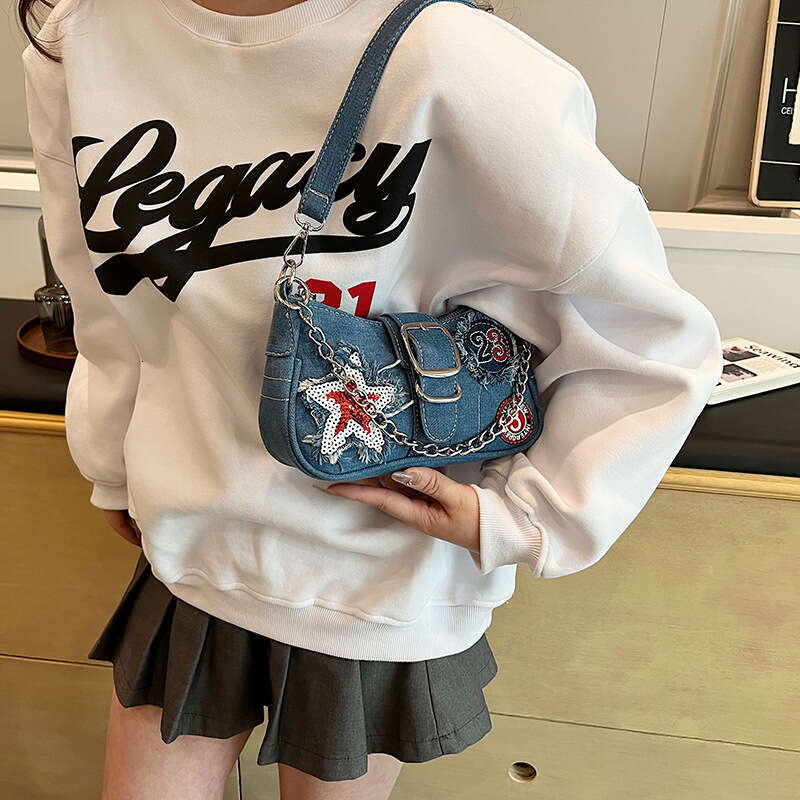 Casual spicy girl style handbag for women internet celebrity sticker embroidered crossbody trendy cool armpit bag 2024 new casual versatile fashion cl