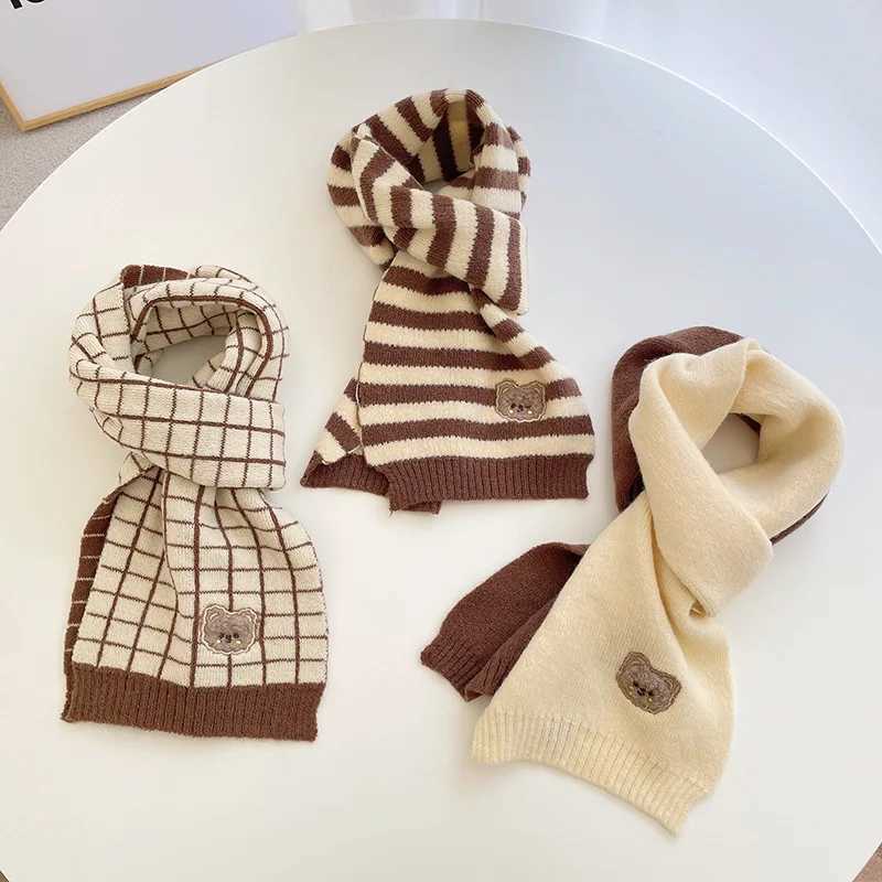 Scarves Wraps Korean Children Winter Scarf Cute Plaid Striped Bear Knitted Windproof Warm Boys Girls Neckcheif Kids Neck Warmer H241213