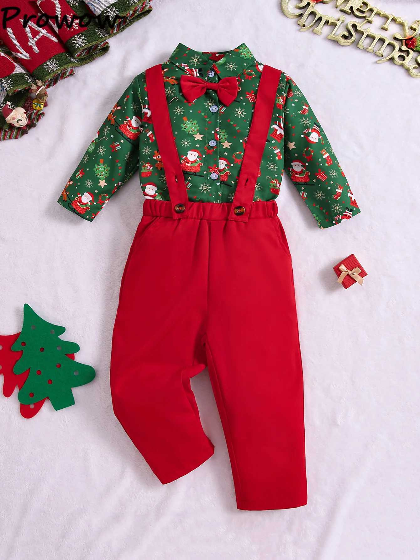 Prowow Baby Christmas Set Childrens Collar Christmas Shirt+Red Top Childrens New Year Clothing Boys Christmas Clothing W241213