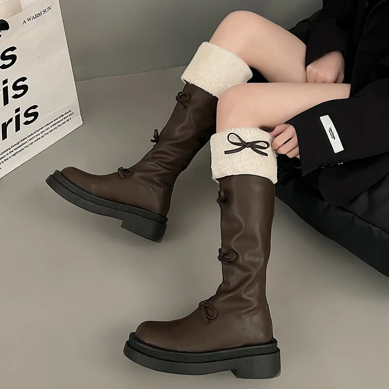 Sweet Butterfly Knot Womans Boots Korean Fashion Brown High Boots Plush Thick Winter Womens Knee High Boots 241213