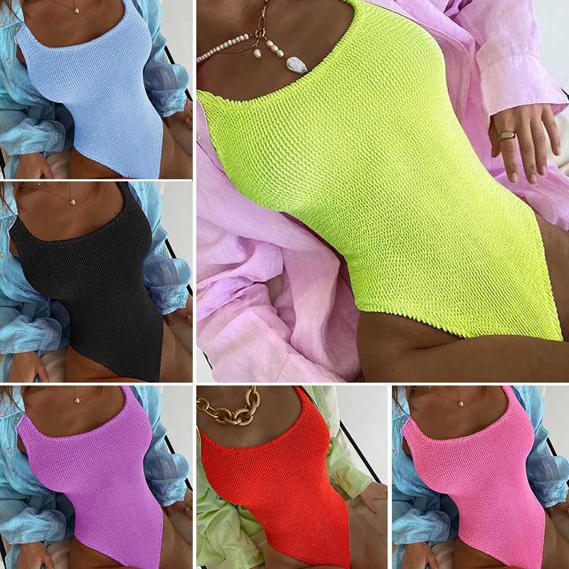 Candy Color One Piece Swimsuit Fabric Crink Cloth Wavy Strip Bikini for Women Fluorescent Pated Cloth SwimwearXJ241212