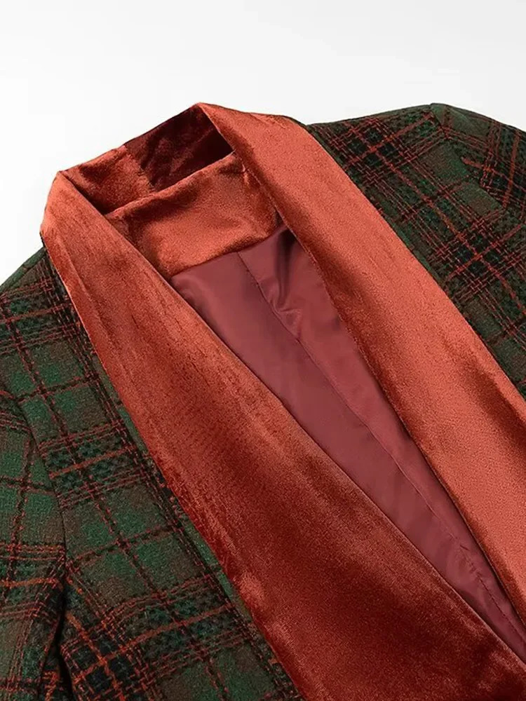 Women Plaid Printing Velvet Lapel Wool Blends Overcoat Fashion Button Double Pocket Long Coats Lady Warm Street Outwear 241213