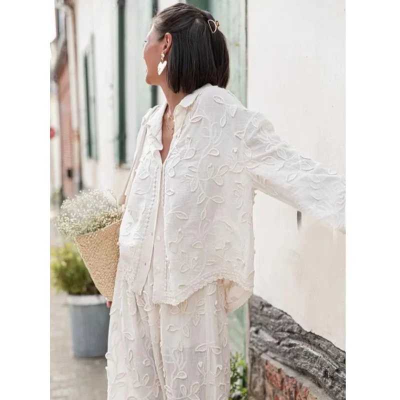 Women's Two Piece Pants JINIA Trendy Flower Jacquard Two-Piece Sets Women Elegant Long Slves Shirt Wide Leg Pants Suits 2024 Office Ladies Strtwe