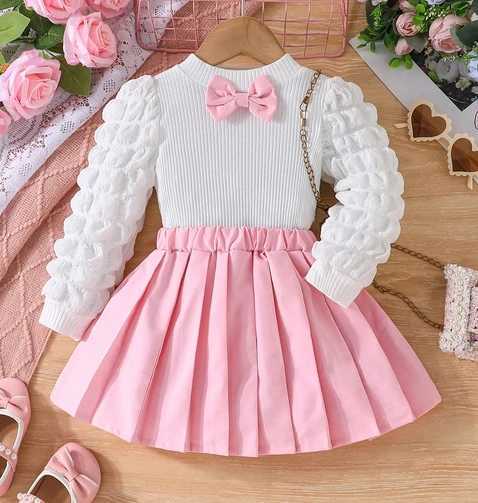 ma baby 3-8Y Infant Toddler Kid Girls Clothes Sets Puff Sleeve Bow Front Tops + Skirt Fall Spring Children Outfits Clothing W241213