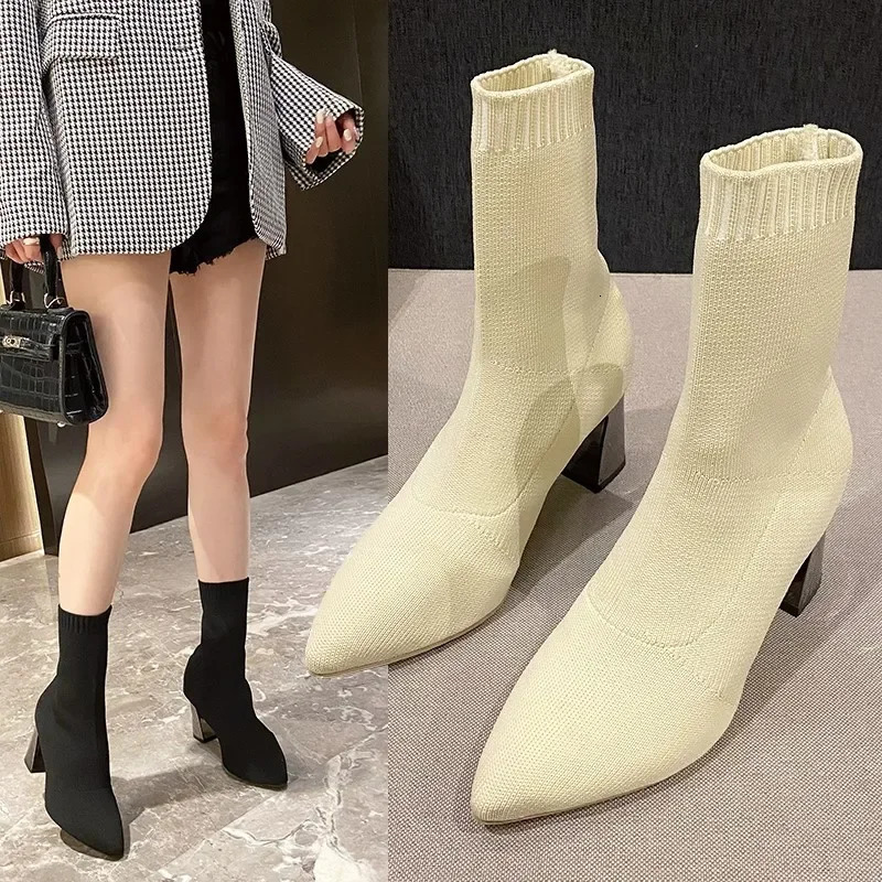 2024 Womens Pointed Fashion Slim Socks and Boots Casual Fashion Thick High Heel Socks and Boots 241213