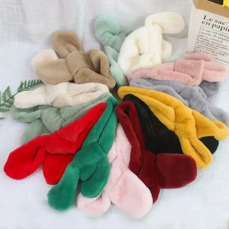 Scarves Wraps Children Boys Girls Winter Warm Thicken Cross Collar Scarf Solid Color Faux Rabbit Fur Plush Cute Shawl Scarfs H241213NGW4
