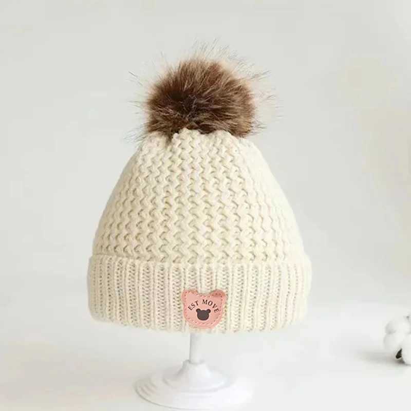 Fall Winter Baby Knit Hat Bear Leather Label Thicken Fleece Cap for Boy Girls Cute Pompom Kids Beanie Infant AccessoriesXJ241213