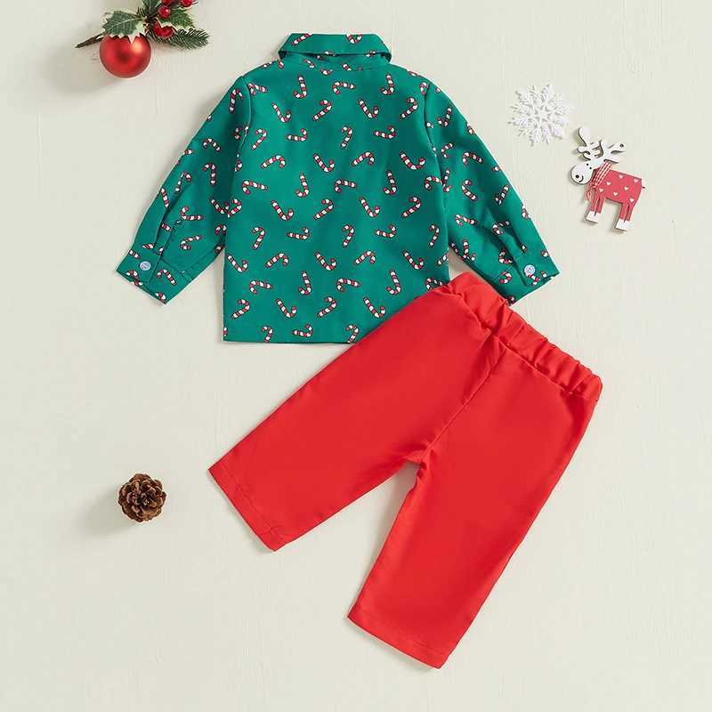 Toddler Kid Baby Boy Christmas Clothes Set Candy Cane Print Bow Tie Long Sleeve Lapel Neck Shirt Long Pants Outfits W241213