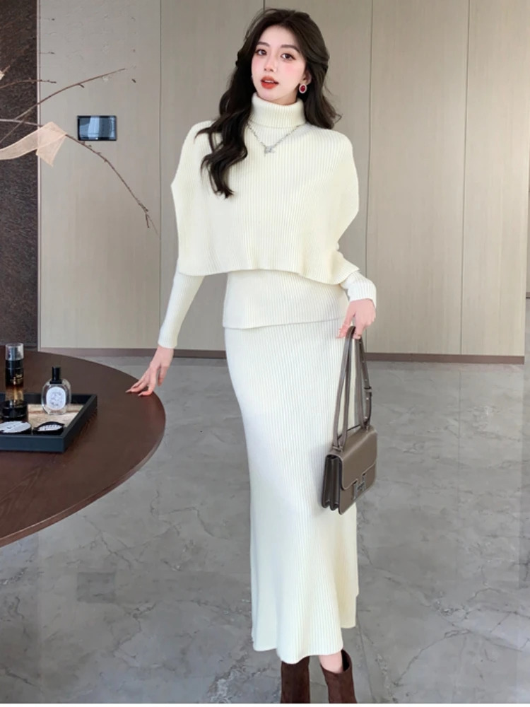 Autumn Winter Women Turtleneck Cloak Tracksuits Fashion Knitted Long Skirts Set Ladies Sweater Suit Vintage 3 Pieces Sets