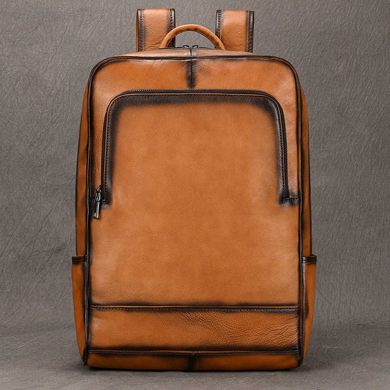 men's polished leather backpack computer bag tree cream leather top layer cowhide backpack 241215