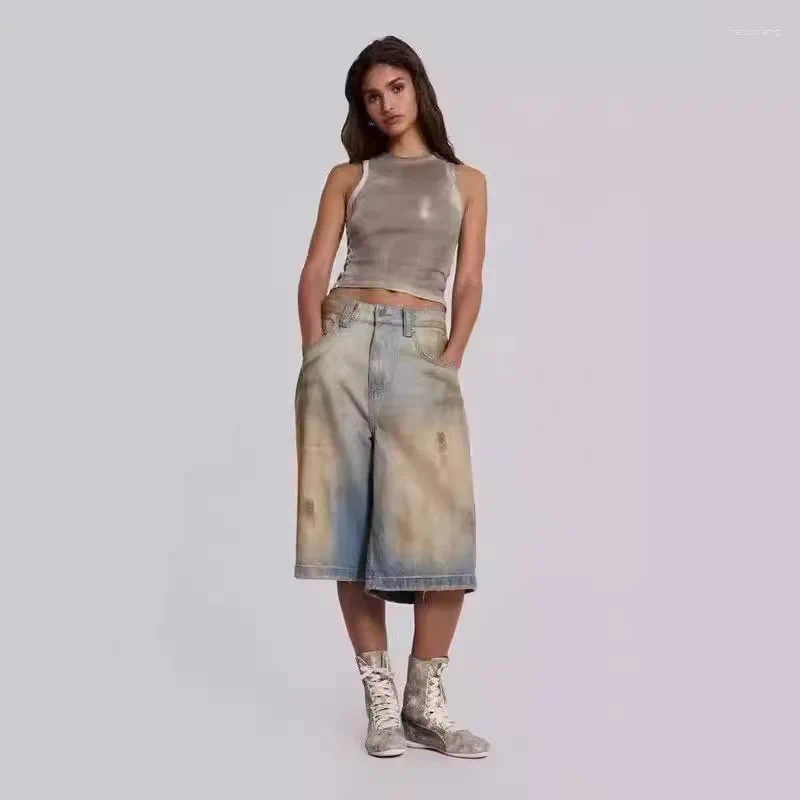 Women's Shorts Jaded London Yellow Full Same Style Dirty Stained Blue Fading Distressed Straight Leg Jeans Mid Pants