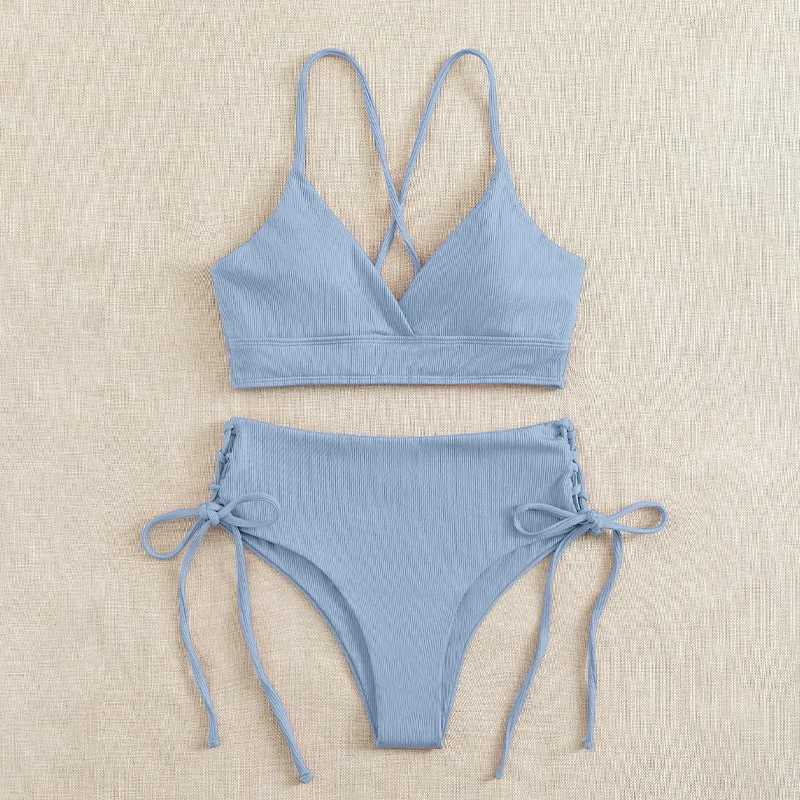 Cikini-V-Neck Split Bikini Set for Women Sexy Swimsuit Lace Up Triangular Bikinis Solid Color Beach Swimwear Bathing SuitXJ241212