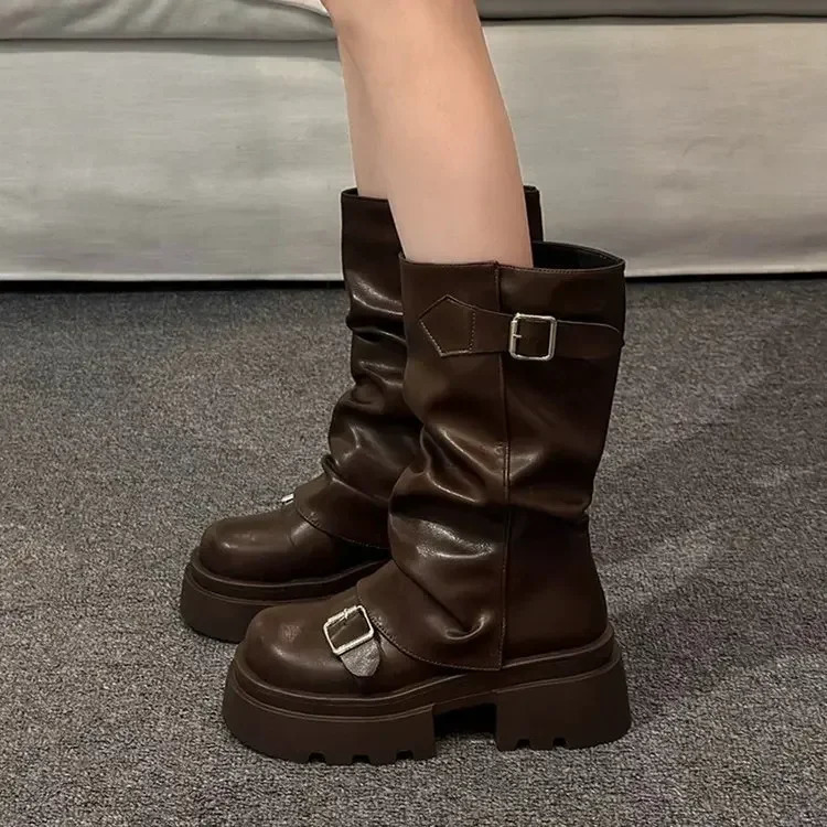 Womens boots brown leopard retro spring summer autumn height increase comfortable anti slip fashionable buckle boots 241213