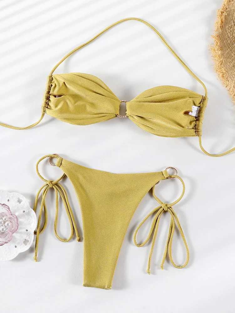 Solid Color Bikinis Push Up Swimwear Women Halter Bikini Set Shiny Swimsuit Push Up Bathing Suits Bandage Beachwear ThongXJ241212