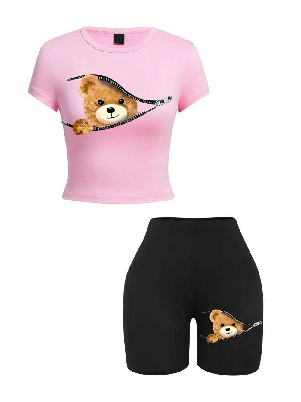 Women's Two Piece Pants 2 Pieces Set Women Slim Crop T-Shirts Shorts A Teddy Bear Emerged From The Zipper Prints Tops Sporty High Elastic Soft Cl