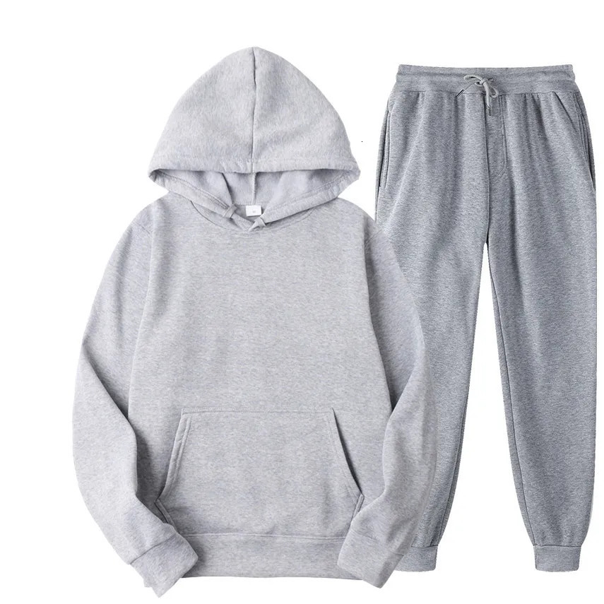 Mens autumn and winter solid color hooded sweatshirtpants twopiece fashionable casual sports set size S4XL 241211