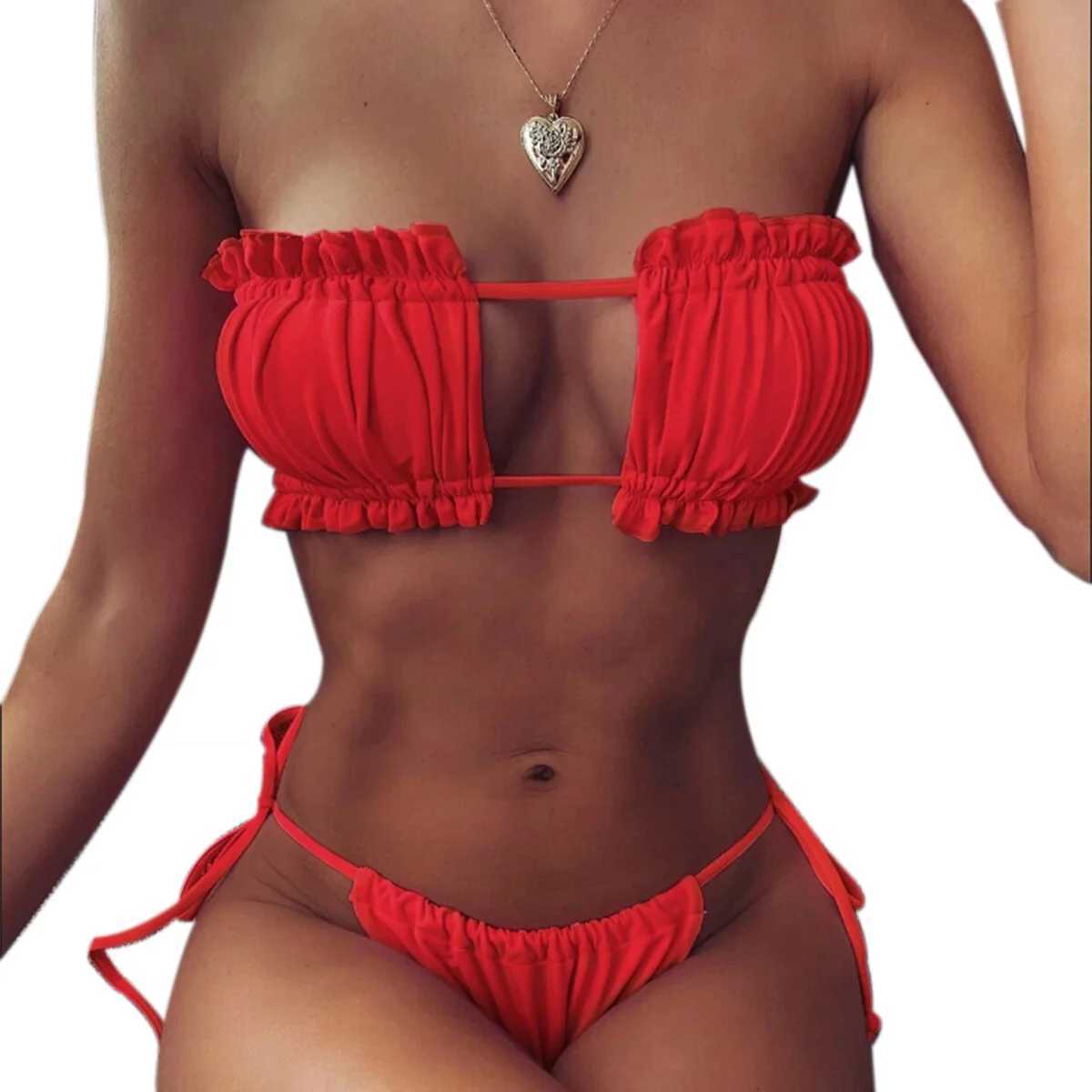 Hirigin Women Bikini Set Sumwear New 2020 Sexy Straps Ruffs Bandage Pure Color Push Up Padded Women Swimwear Bathing SuitXJ241212