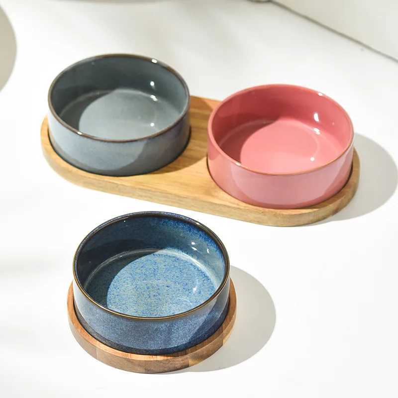 Cat Feeders Dog Bowl Ceramic Matte Pet Bowl Cervical Spine Protector Anti Knock Over Wooden Tray Pet Feeding Supplies Cat Accessories z241213