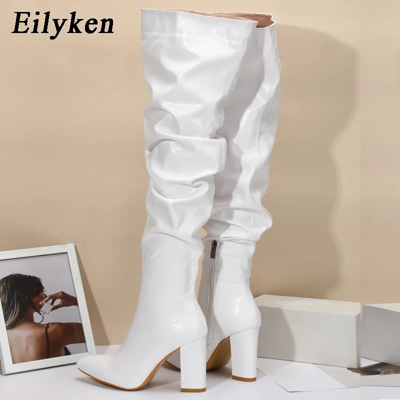Eilyken Winter Womens Knee Boots Punk Style Square High Heels Zipper Shoes Folded Dots Womens Boots 241213